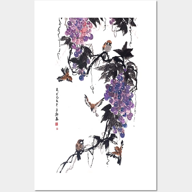 Birds playing around Grapes Wall Art by Huluhua